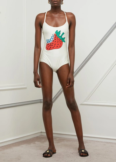 Shop Gucci Fraise Swimsuit In White