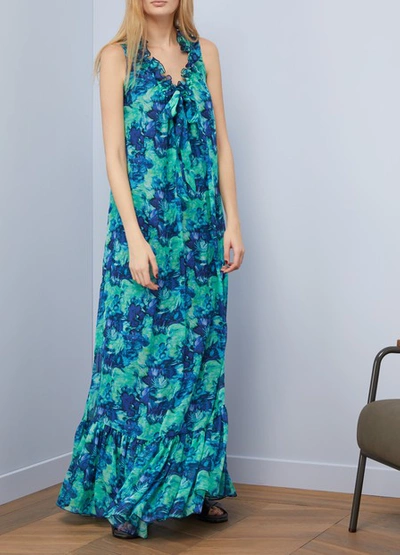 Shop Lanvin Georgette Silk Printed Long Dress In Blue