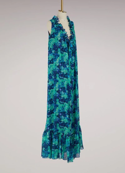 Shop Lanvin Georgette Silk Printed Long Dress In Blue