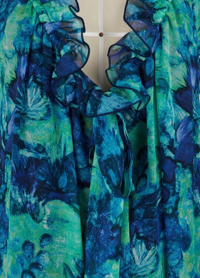 Shop Lanvin Georgette Silk Printed Long Dress In Blue