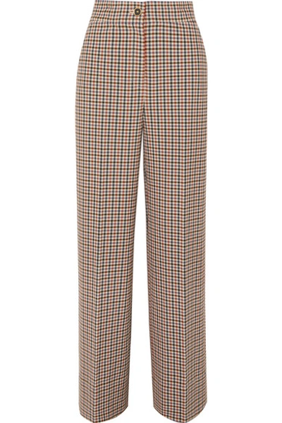 Shop Tory Burch Checked Woven Wide-leg Pants In Brown