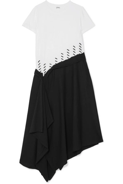 Shop Loewe Asymmetric Two-tone Cotton-jersey Midi Dress In Ecru