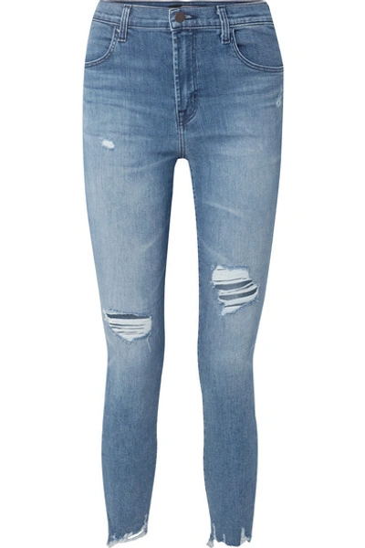 Shop J Brand Alana Cropped Distressed High-rise Skinny Jeans In Mid Denim