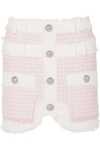 Shop Balmain Embellished Tweed Mini Skirt In Pink