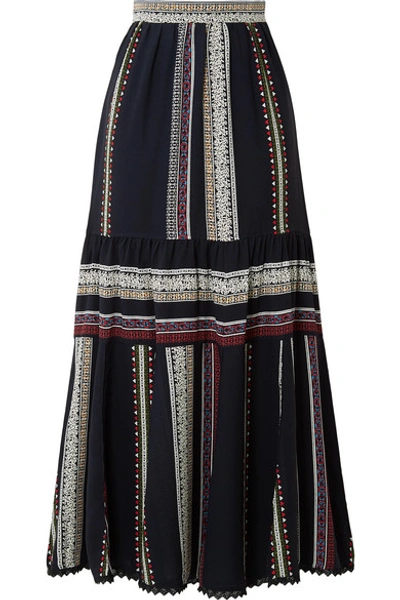 Shop Derek Lam Lace-trimmed Tiered Printed Silk Midi Skirt In Navy