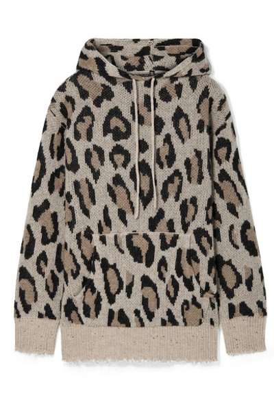 Shop R13 Oversized Distressed Leopard-intarsia Cashmere Hoodie In Leopard Print