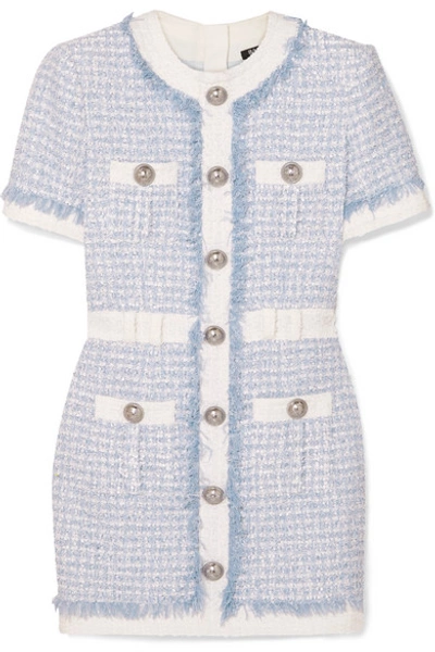 Shop Balmain Embellished Tweed Mini Dress In Blue