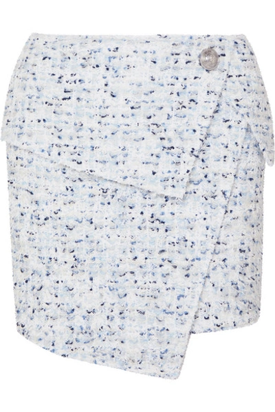 Shop Balmain Wrap-effect Button-embellished Metallic Tweed Mini Skirt In Blue