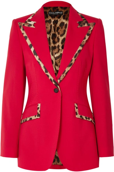 Shop Dolce & Gabbana Leopard-print Trimmed Wool-blend Blazer In Red