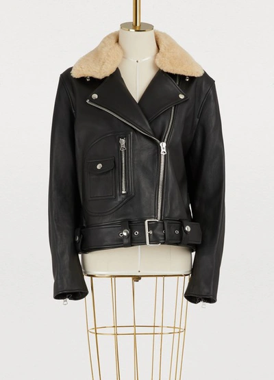 Shop Acne Studios Leather Biker Jacket With Fur Collar In Black