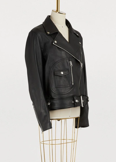 Shop Acne Studios Leather Biker Jacket With Fur Collar In Black