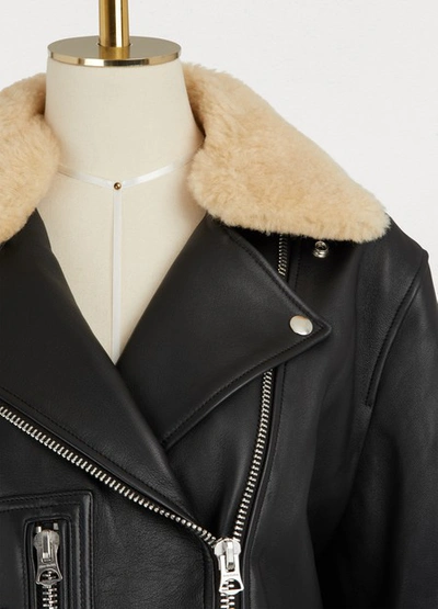 Shop Acne Studios Leather Biker Jacket With Fur Collar In Black