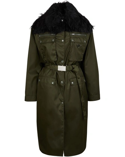 Shop Prada Long Coat With Fake Fur In Military/black