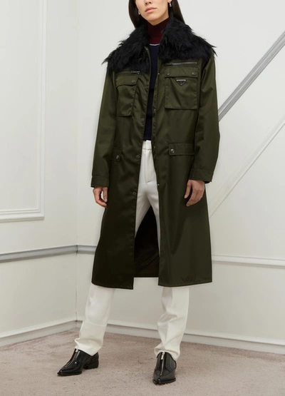 Shop Prada Long Coat With Fake Fur In Military/black