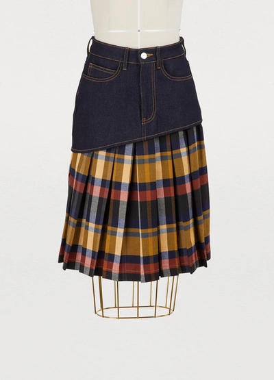 Shop Jour/né Pleated Check Print Denim Skirt In Mustard