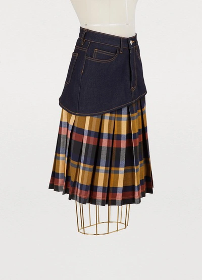 Shop Jour/né Pleated Check Print Denim Skirt In Mustard
