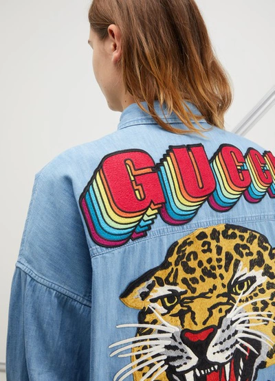 Shop Gucci Denim Shirt With Patches In Blue