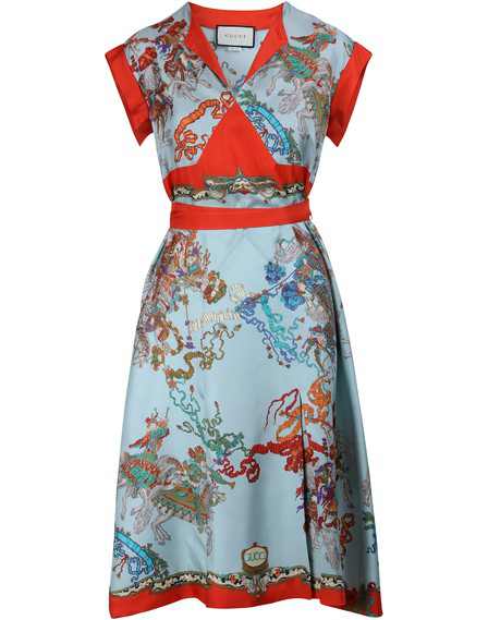 Gucci Roi Soleil Silk Dress In Lightblue Red Modesens