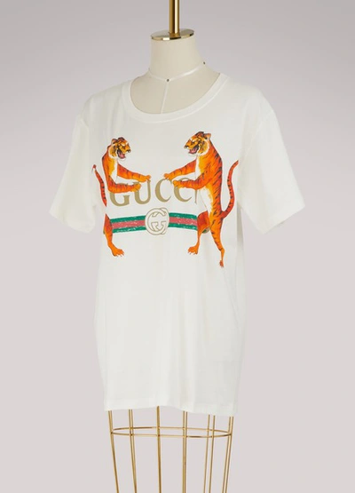 Shop Gucci Logo With Tigers T-shirt In Ivory