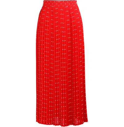 Shop Celine Pleated Maxi Skirt In Polka Dot Georgette In Red White