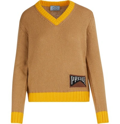 Shop Prada V-neck Sweater In Cammello+giallo