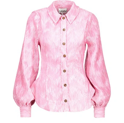 Shop Ganni Pleated Satin Shirt In Pink