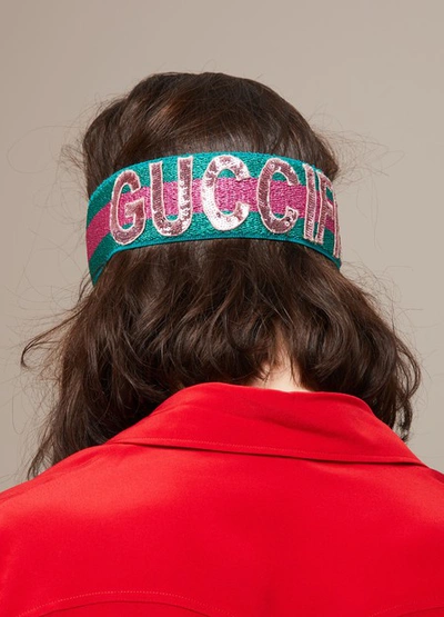 Shop Gucci Sequin Fication Headband In Emerald/pink