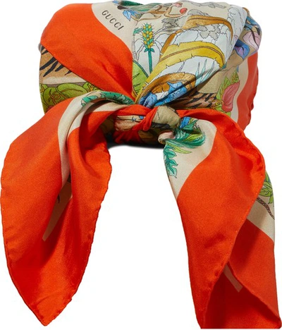 Shop Gucci Savannah Print Silk Scarf In Ivory Orange