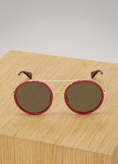 Shop Gucci Round-frame Sunglasses In Gold/grey/red