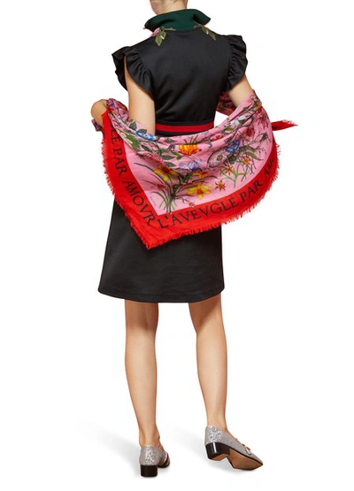 Shop Gucci Flora Snake Print Wool Silk Shawl In Roseate/red