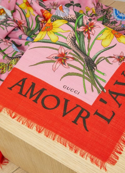 Shop Gucci Flora Snake Print Wool Silk Shawl In Roseate/red