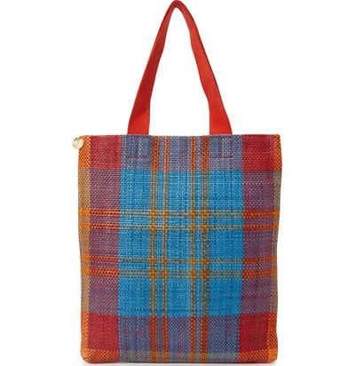 Shop Clare V Carryall Tote In Poppy-turquoise-plaid-woven