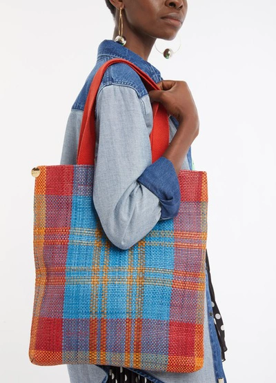 Shop Clare V Carryall Tote In Poppy-turquoise-plaid-woven
