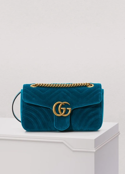 Shop Gucci Gg Marmont Velvet Shoulder Bag In Pavone