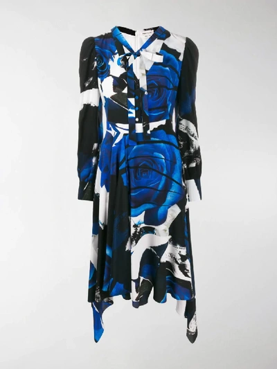 Shop Alexander Mcqueen Rose Print Draped Dress In Blue