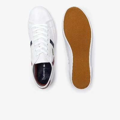 Shop Lacoste Men's Sideline Canvas And Leather Sneakers In White/dark Red/navy