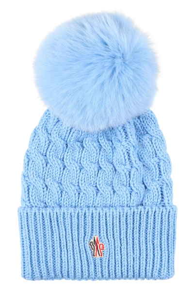 Shop Moncler Knitted Wool Hat With Fox Fur Pom-pom In Blue