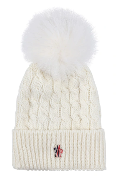 Shop Moncler Knitted Wool Hat With Fox Fur Pom-pom In Panna