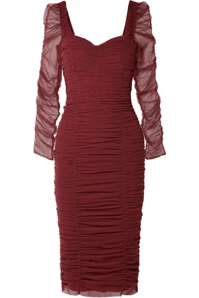 Shop Dolce & Gabbana Ruched Stretch-tulle Dress In Burgundy