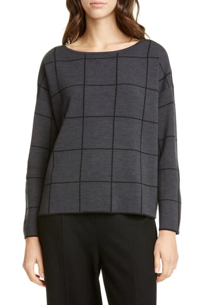 Shop Eileen Fisher Bateau Neck Windowpane Sweater In Charcoal/ Black