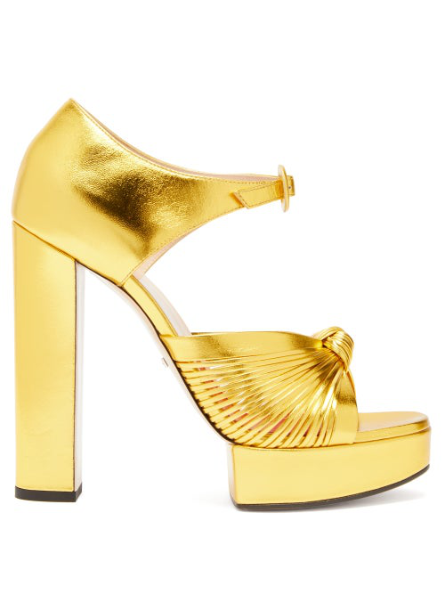 Gucci Crawford Knotted Metallic-Leather Platform Sandals In Gold | ModeSens