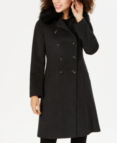 Shop Tahari Double-breasted Faux-fur-collar Coat In Charcoal