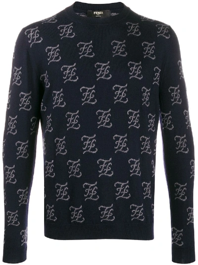 Shop Fendi Karligraphy Allover Sweater In Nf Cobalto/pietra