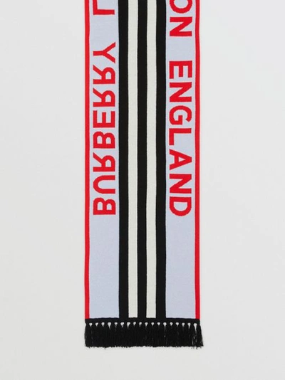 Shop Burberry Logo And Icon Stripe Cashmere Jacquard Scarf In Pale Blue