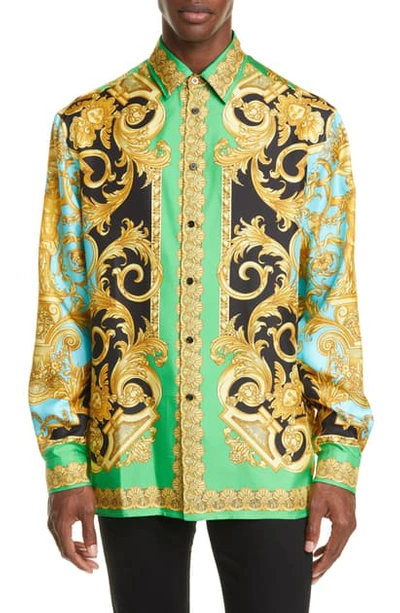 Shop Versace Baroque Print Button-up Silk Shirt In Green/light Blue