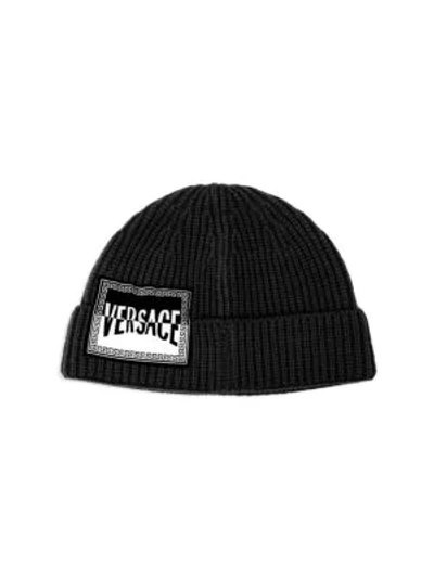 Shop Versace Logo Patch Wool Beanie In Black