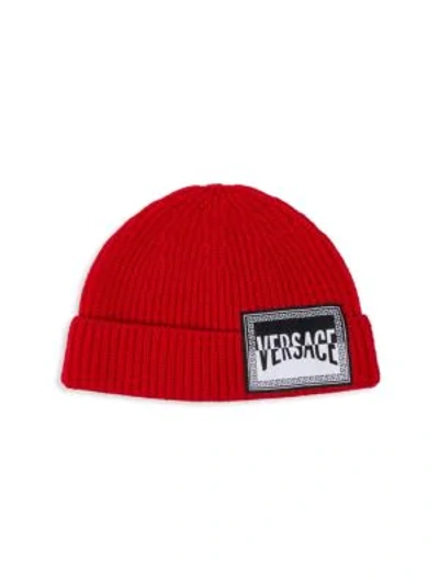 Shop Versace Logo Patch Wool Beanie In Red