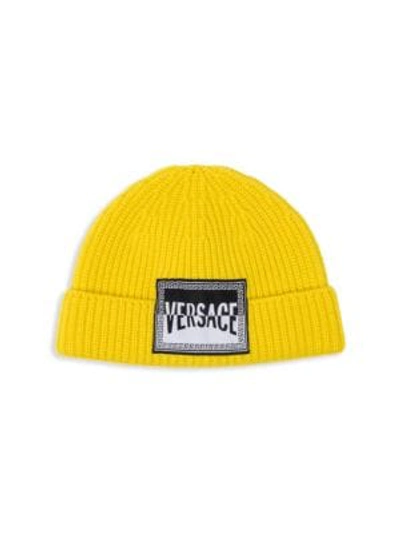 Shop Versace Logo Patch Wool Beanie In Yellow