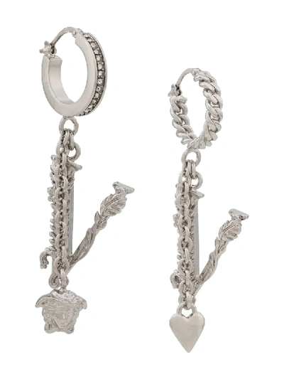 Shop Versace Medusa Drop Chain Earrings In Silver