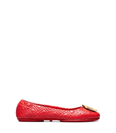 Shop Tory Burch Minnie Travel Ballet Flats, Quilted Leather In Brilliant Red / Gold